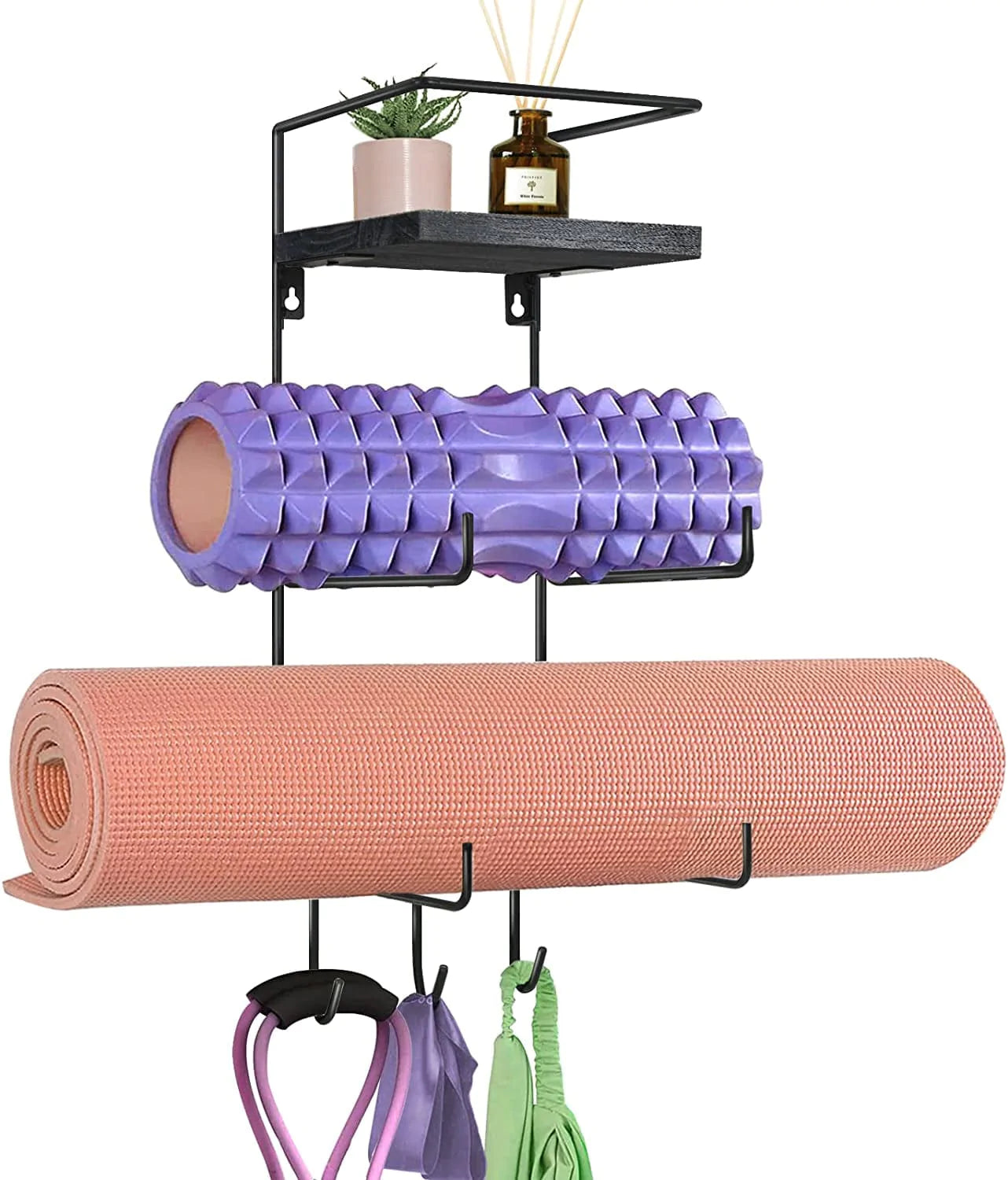 Yoga Mat Holder Wall Mount, Yoga Mat Storage Rack for Home Gym Accessories Organizer with Wood Floating Shelves and 3 Hooks for Hanging Foam Roller, Resistance Bands and Towel