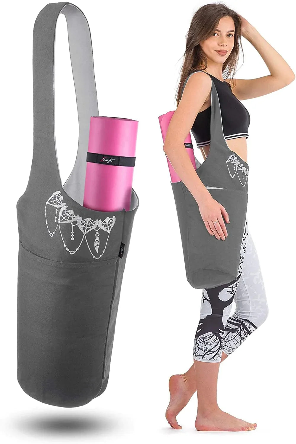 Zenifit Yoga Mat Bag - Long Tote with Pockets - Holds More Yoga Accessories. Cute Yoga Mat Holder with Bonus Yoga Mat Strap Elastics. Stylish and Practical Yoga Mat Bags and Carriers for Women
