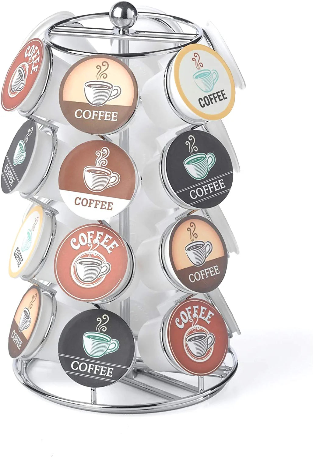 Nifty Coffee Pod Carousel – Compatible with K-Cups, 28 Pod Pack Storage, Spins 360-Degrees, Lazy Susan Platform, Modern Chrome Design, Home or Office Kitchen Counter Organizer