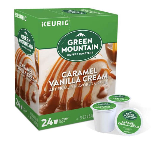 Green Mountain Coffee Pods K-Cups for Keurig Machines Flavored K Cup (All Count Fresh Capsules) Light / Medium / Dark Roast Long Expiry ALL FLAVORS (24 K-Cups Caramel Vanilla Cream Coffee)