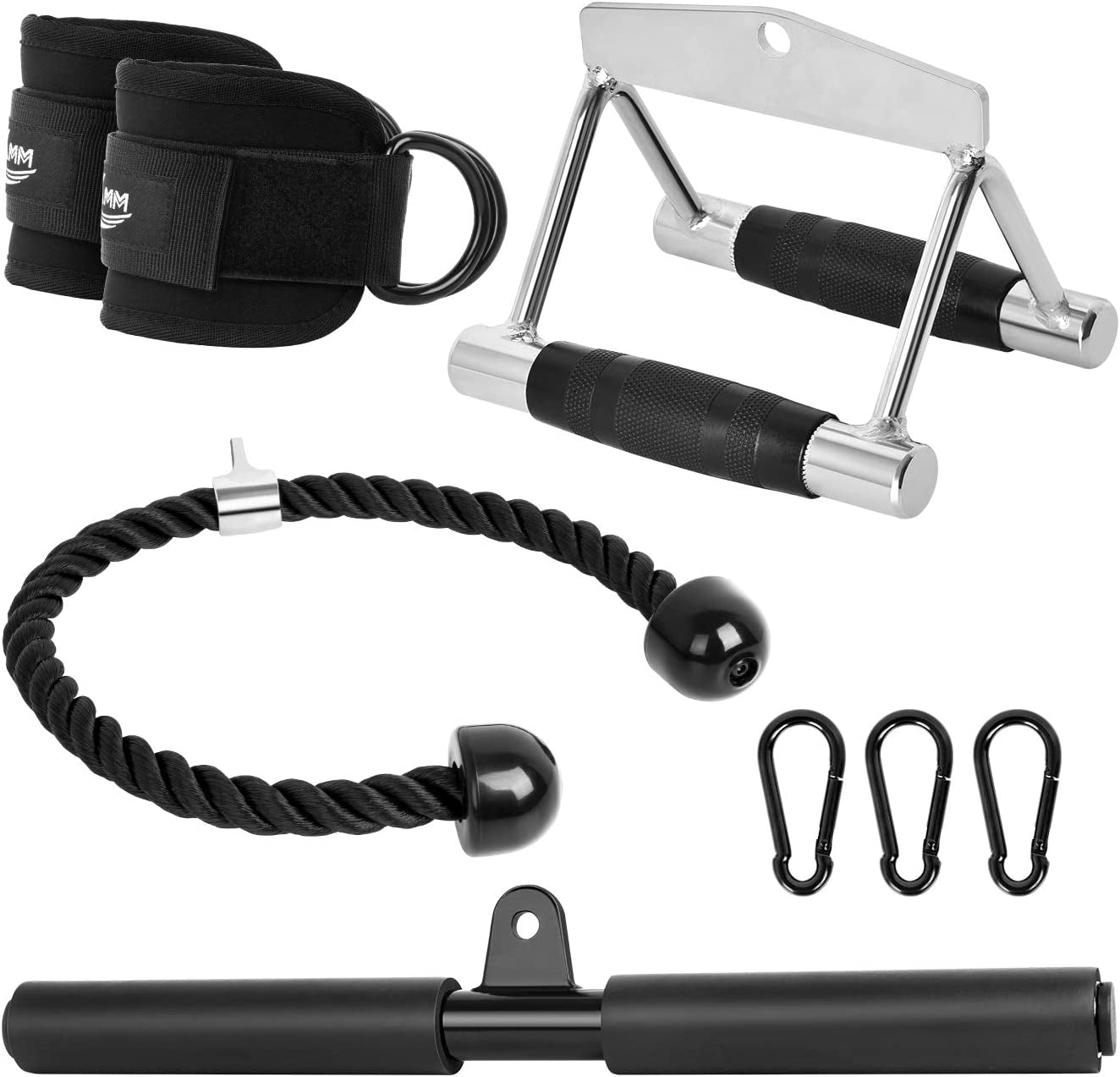 KMM Cable Machine Attachments Fitness Machine Accessories|4-Piece Set - Triceps Rope Pull down Attachment + V-Shaped Handle + Straight Bar + Ankle Straps + Carabiner Clips for Home Gym Workout (Black)