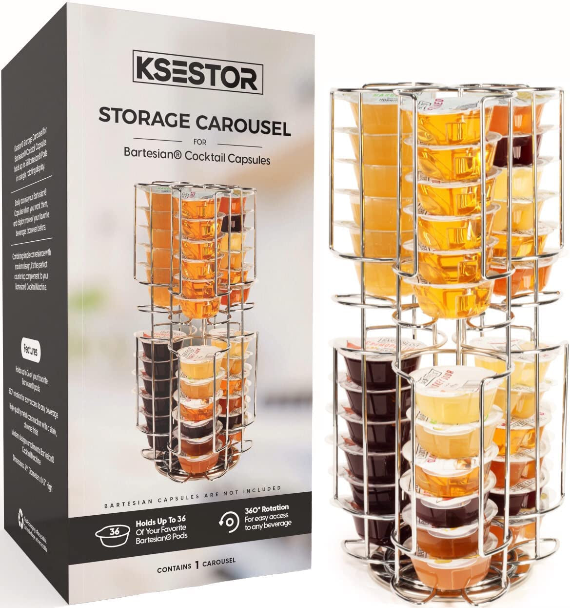 Storage Carousel for Bartesian Cocktail Capsules by Ksestor - Holds up to 48 Bartesian Pods - 360-Degree Rotation - Bartesian Pod Holder - Bartesian - Bartesian Professional Cocktail Machine - Chrome Finish