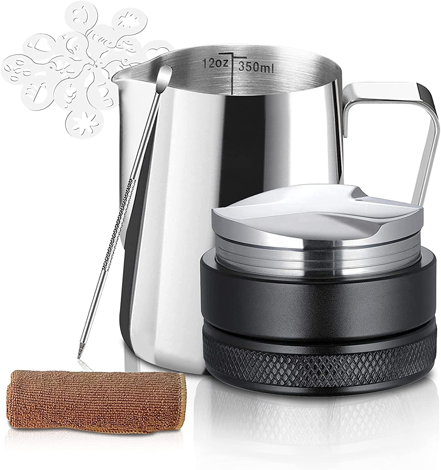 Gevi Milk Frothing Pitcher 12Oz/350Ml for Milk Coffee Cappuccino Latte Art with 51 Mm Coffee Distributor, 16 Pieces Coffee Decorating Stencils，Barista Towel, Latte Art Pen, 5PCS Coffee Set
