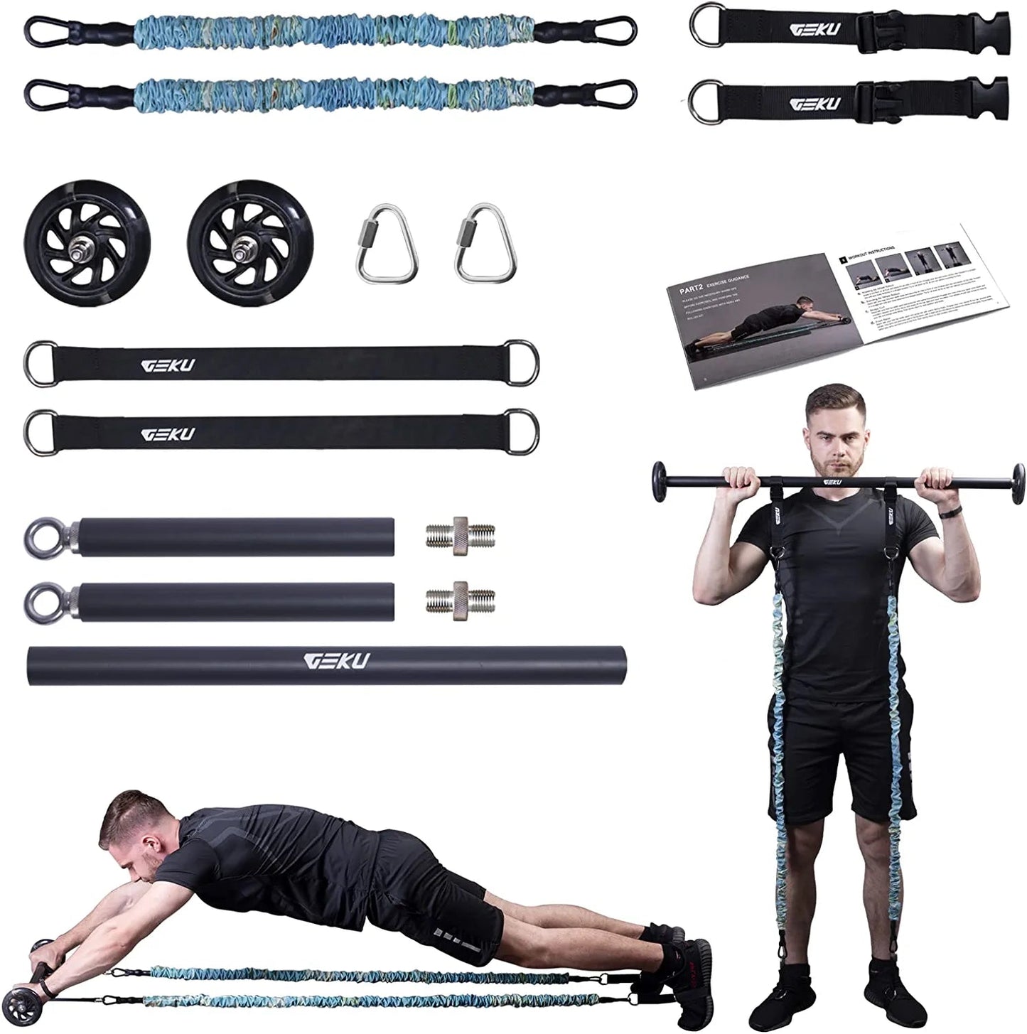 GEKU FIT Resistance Band Bar, 41.5" Heavy Duty Workout Bar with ABS Wheel Accessories for Core Muscle Training, Resistance Band Training, Home Workout, Max Load 800 Lbs