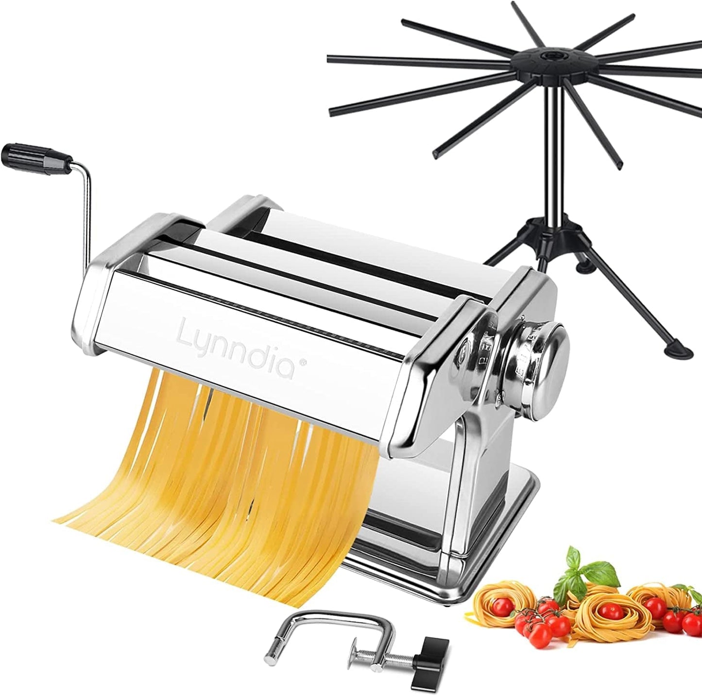 2 in 1 Pasta Maker with Pasta Rack, Lynndia Pasta Machine with 9 Dough Rollers with Adjustable Thickness and 2 Blade Dough Cutters and Desktop Fixing Clip, Suitable for Homemade Pasta,Spaghetti-Sliver