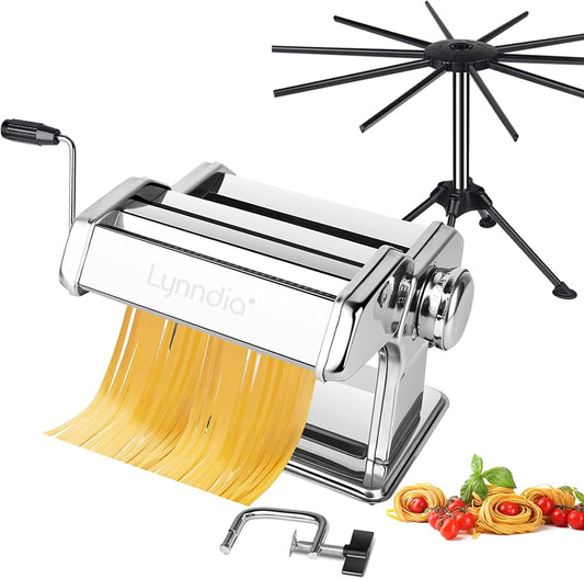 2 in 1 Pasta Maker with Pasta Rack, Lynndia Pasta Machine with 9 Dough Rollers with Adjustable Thickness and 2 Blade Dough Cutters and Desktop Fixing Clip, Suitable for Homemade Pasta,Spaghetti-Sliver