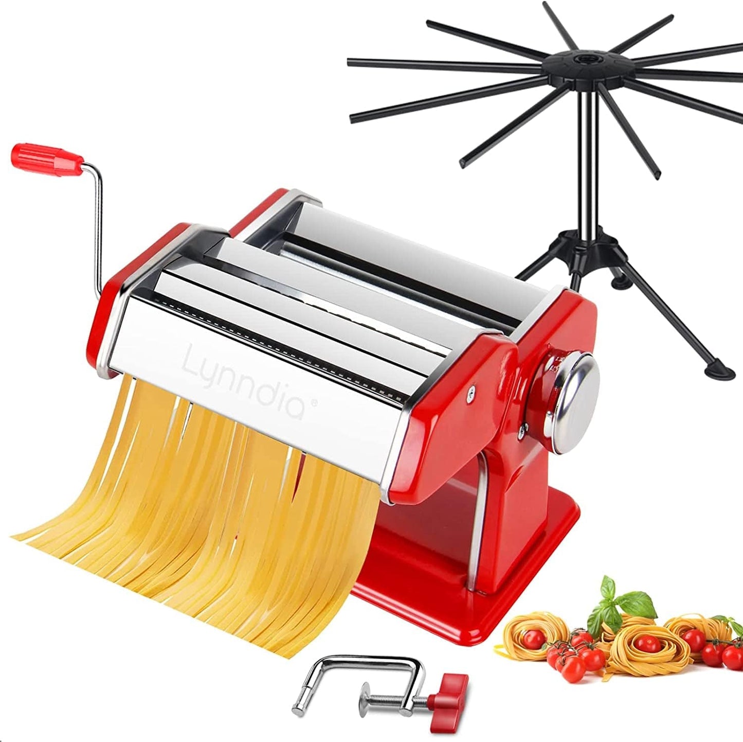 2 in 1 Pasta Maker with Pasta Rack, Lynndia Pasta Machine with 9 Dough Rollers with Adjustable Thickness and 2 Blade Dough Cutters and Desktop Fixing Clip, Suitable for Homemade Pasta,Spaghetti-Sliver