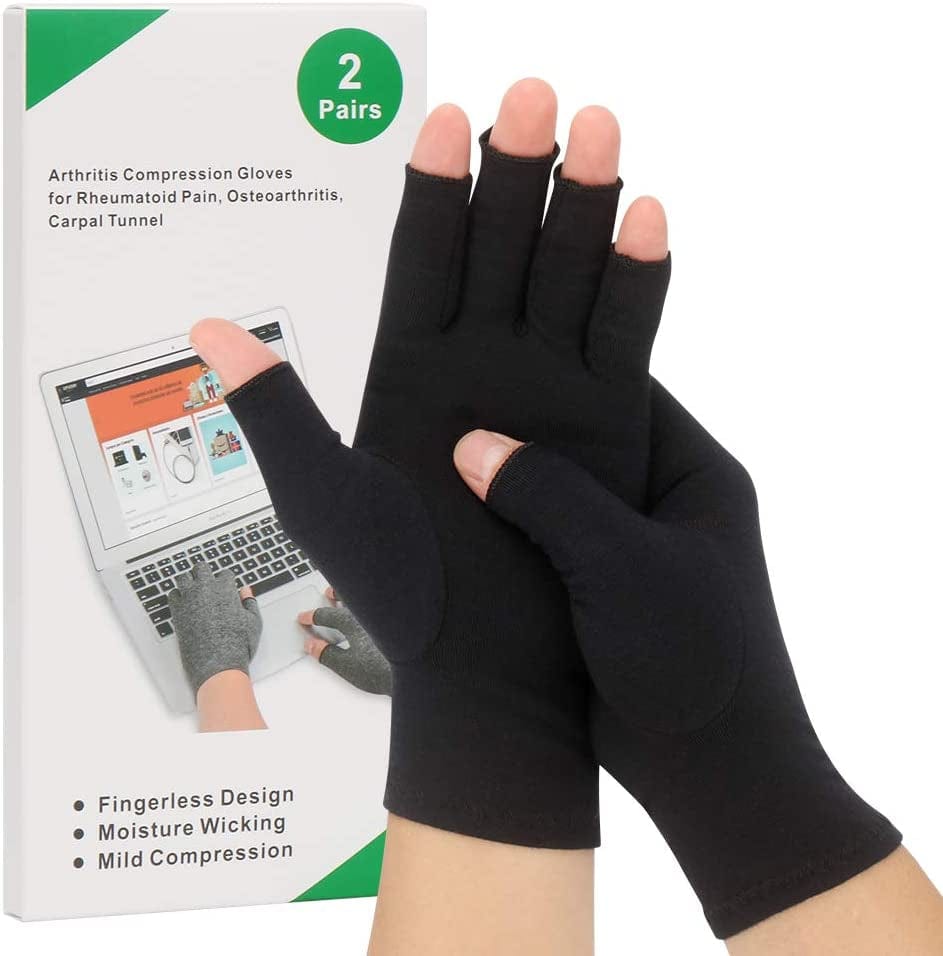 2-Pair Arthritis Compression Gloves for Alleviate Rheumatoid Osteoarthritis, Carpal Tunnel Raynauds Disease, Ease Muscle Tensi on Fingerless, Breathable & Moisture, Women and Men (Black, Medium)