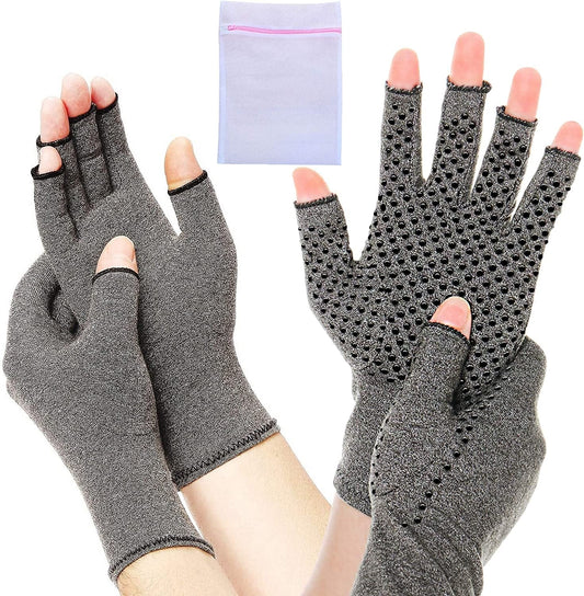 2 Pair Compression Arthritis Gloves Fingerless Hand Wrist Support Joint Pain Relief for Men & Women -Grey - (1X Plain & 1X Dotted) (Medium) & Mesh Bag