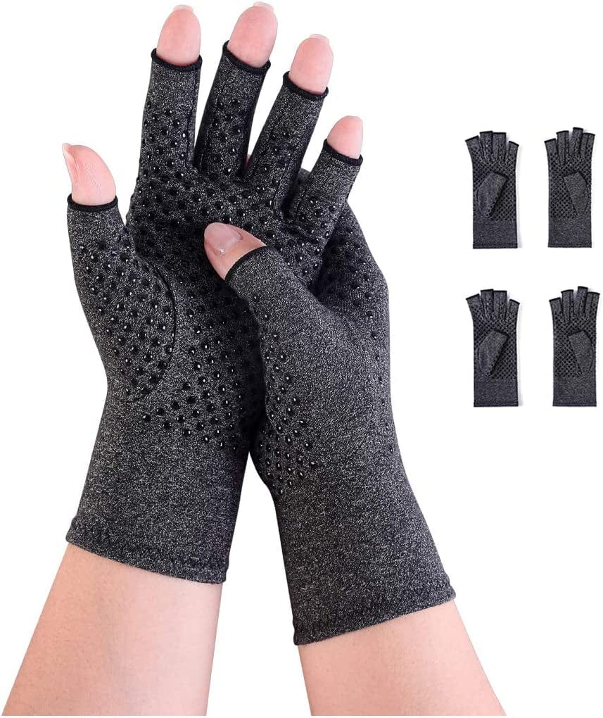 2 Pairs Arthritis Compression Gloves Fingerless Warm Winter Gloves for Women Men Relieve Symptoms Rheumatoid Osteoarthritis Raynauds Disease(Grey, M)