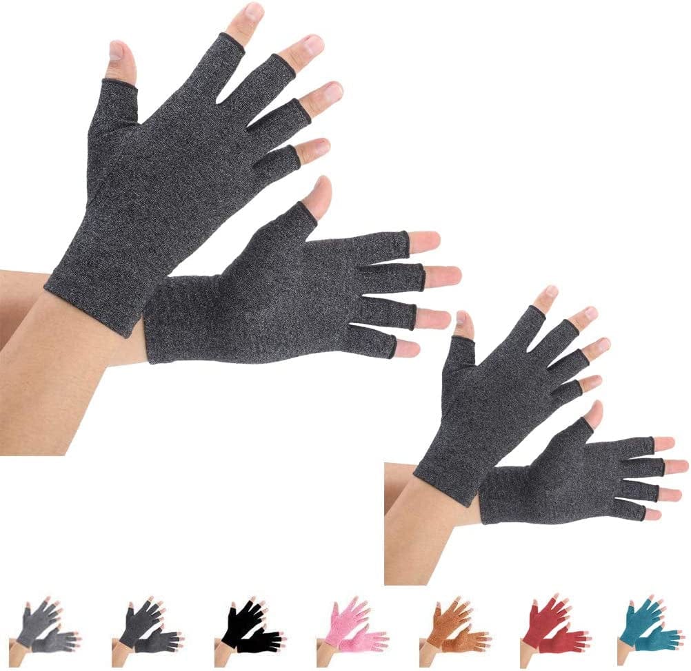 2 Pairs Arthritis Compression Gloves for Arthritis Pain Relief, Rheumatoid, Osteoarthritis and Carpal Tunnel for Men and Women, Fingerless for Typing (Medium, Pureblack+Gray)