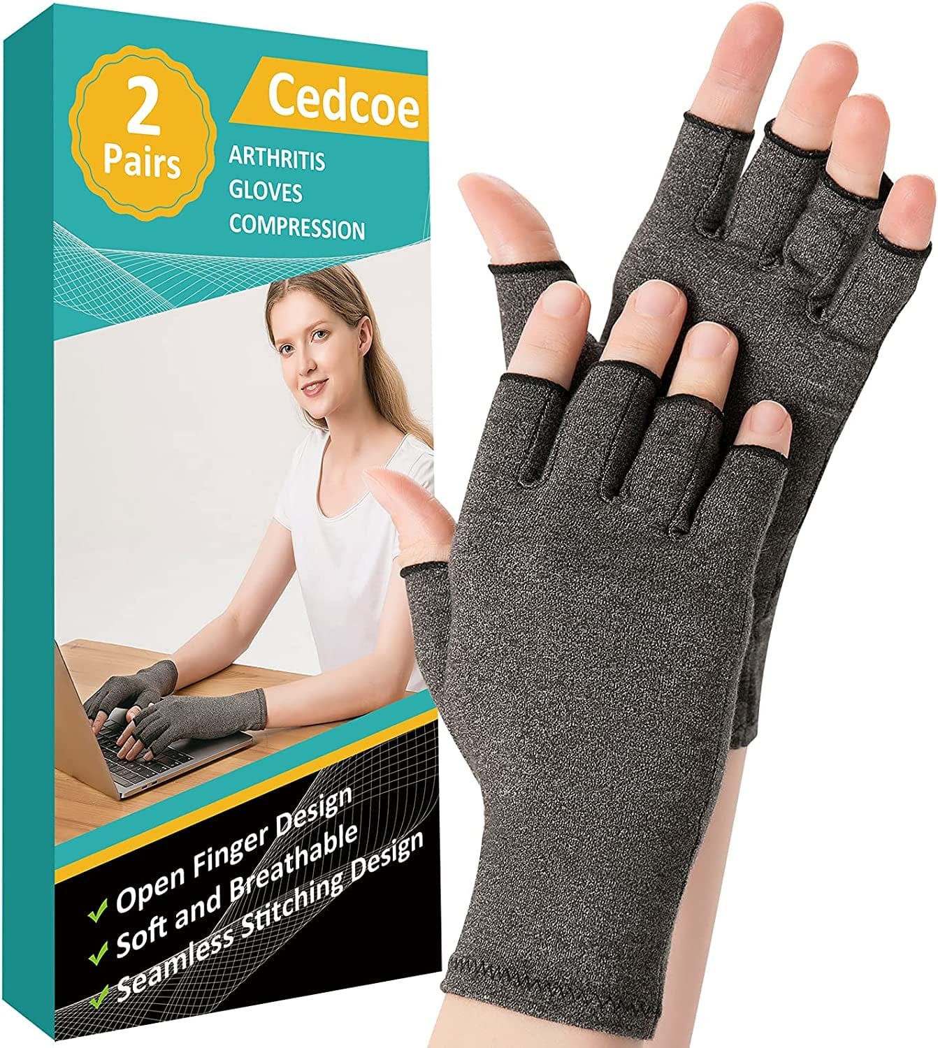 2 Pairs Arthritis Compression Gloves for Relieve Rheumatoid Arthritis, Osteoarthritis, Carpal Tunnel, Joint Pain, Open Fingerless Gloves, Fit for Women and Men to Daily Work and Computer Typing (Coffee, Medium)