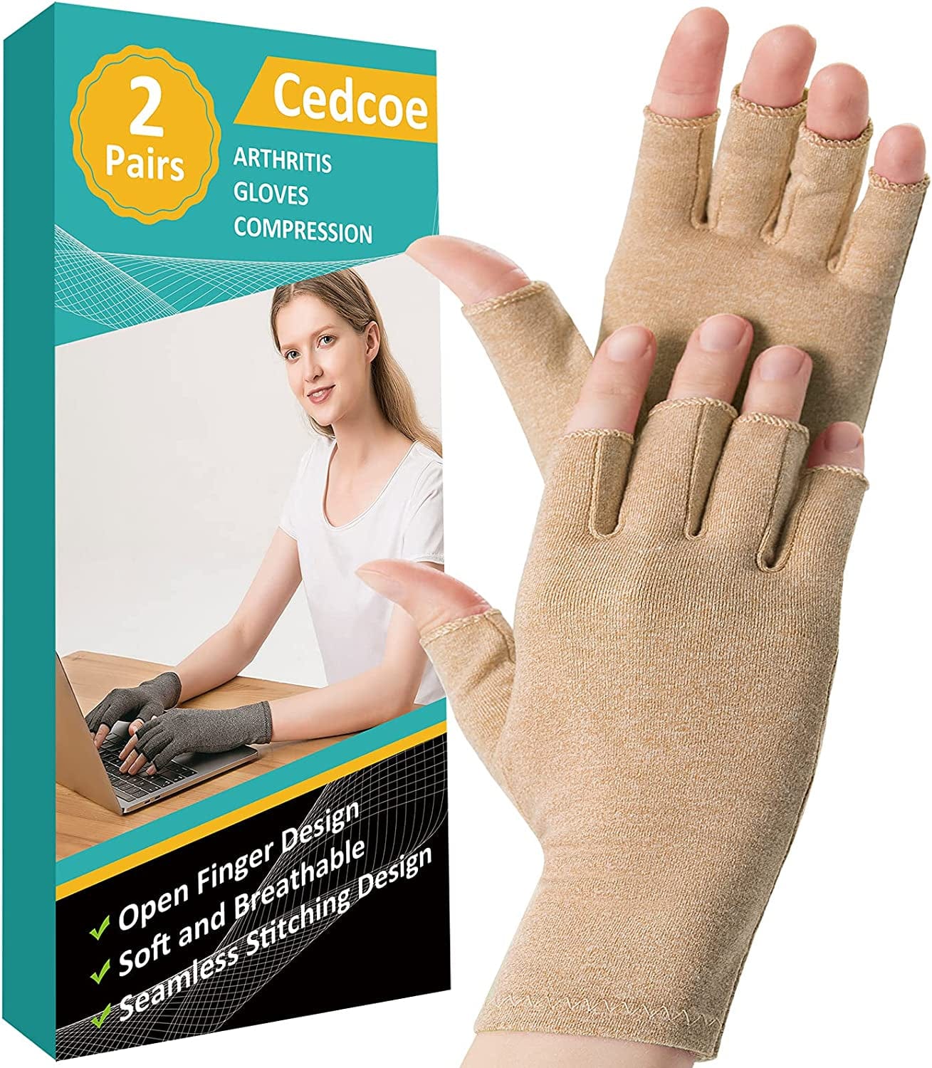 2 Pairs Arthritis Compression Gloves for Relieve Rheumatoid Arthritis, Osteoarthritis, Carpal Tunnel, Joint Pain, Open Fingerless Gloves, Fit for Women and Men to Daily Work and Computer Typing (Coffee, Medium)
