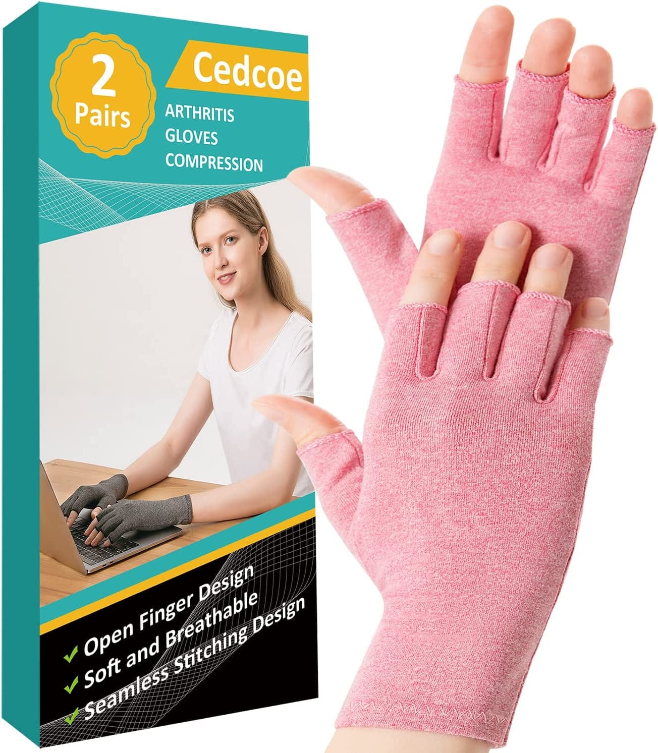 2 Pairs Arthritis Compression Gloves for Relieve Rheumatoid Arthritis, Osteoarthritis, Carpal Tunnel, Joint Pain, Open Fingerless Gloves, Fit for Women and Men to Daily Work and Computer Typing (Coffee, Medium)