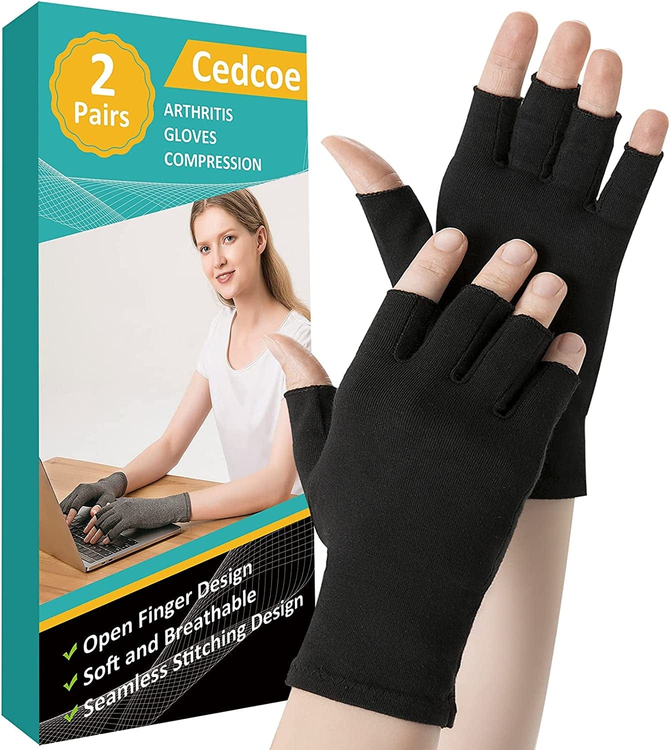 2 Pairs Arthritis Compression Gloves for Relieve Rheumatoid Arthritis, Osteoarthritis, Carpal Tunnel, Joint Pain, Open Fingerless Gloves, Fit for Women and Men to Daily Work and Computer Typing (Coffee, Medium)