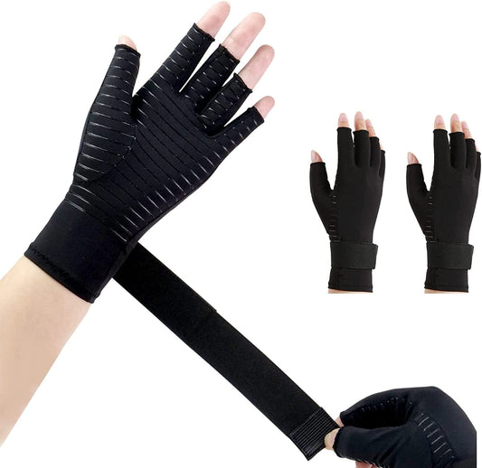 2 Pairs Copper Arthritis Compression Gloves with Strap,Fingerless Gloves for Women &Men Hand Wrist Support