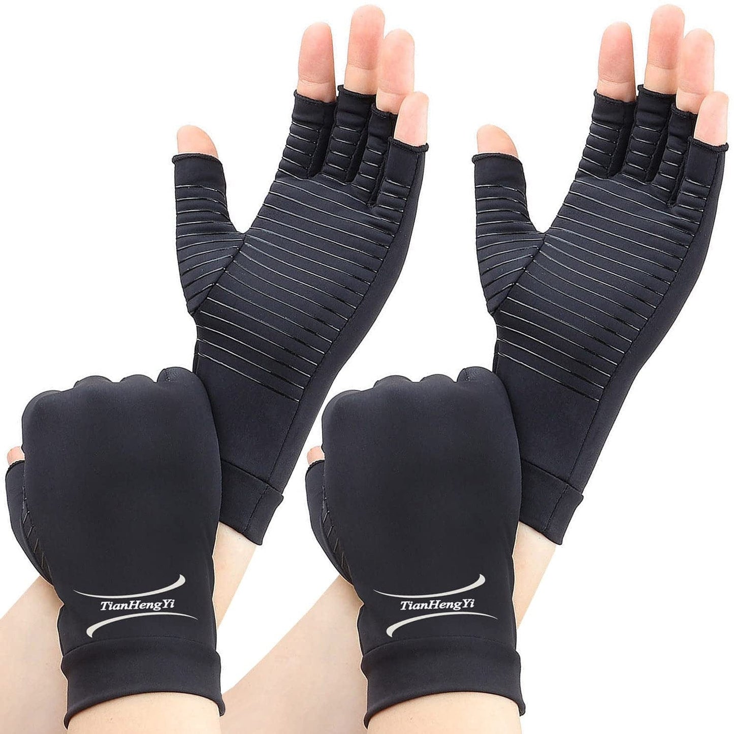 2 Pairs Copper Arthritis Gloves for Relief Pain, Compression Gloves Fingerless for Carpal Tunnel, Osteoarthritis, Joint Pain, Computer Typing, Driving, Hand Support, Fit for Women Men (Black, Medium)