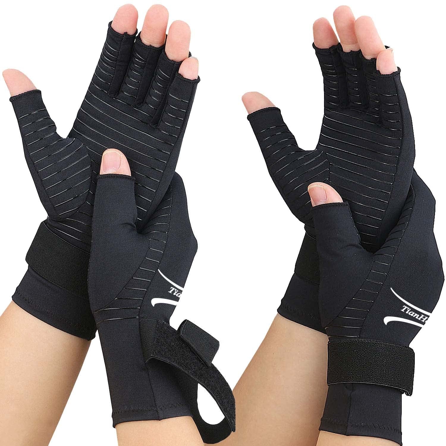 2 Pairs Copper Arthritis Gloves for Women Men, Fingerless Compression Gloves with Adjustable Wrist Strap, Typing Gloves for Arthritis, Carpal Tunnel, Tendonitis, RSI, Relieve Hand Pain (Small/Medium)