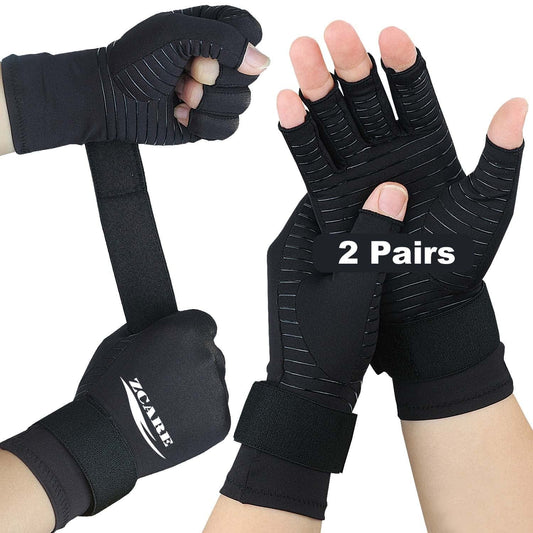 2 Pairs Copper Arthritis Gloves with Adjustable Wrist Strap for Women & Men, Fingerless Compression Arthritis Gloves for Carpal Tunnel, RSI, Swelling, Rheumatoid & Typing (Small/Medium, Black)