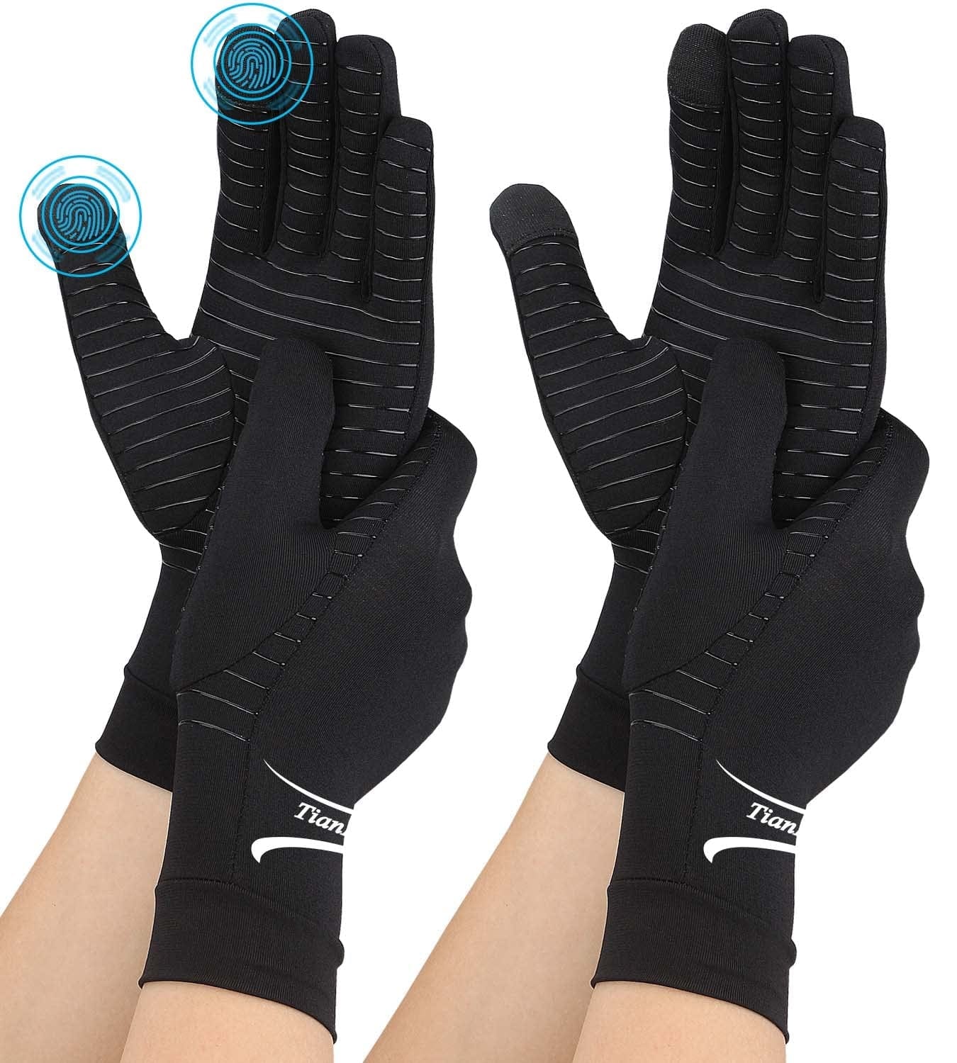 2 Pairs Copper Arthritis Gloves with Touch Screen, Full Finger Compression Gloves for Men Women Relieve Hand Pain Swelling and Carpal Tunnel, Support Wrist and Hand Joint (Black, Medium (2 Pairs))