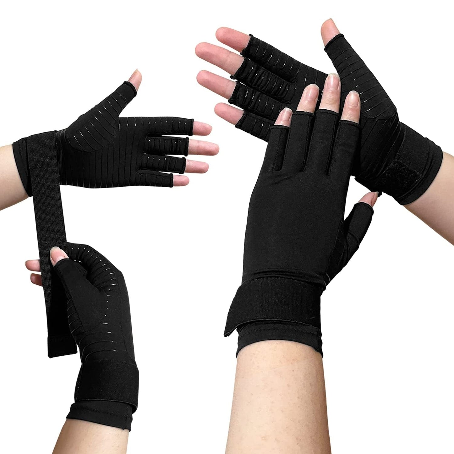 2 Pairs Copper Compression Arthritis Gloves with Adjustable Strap for Carpal Tunnel,Typing,Support ((Small/Medium (2 Pairs)), Black)