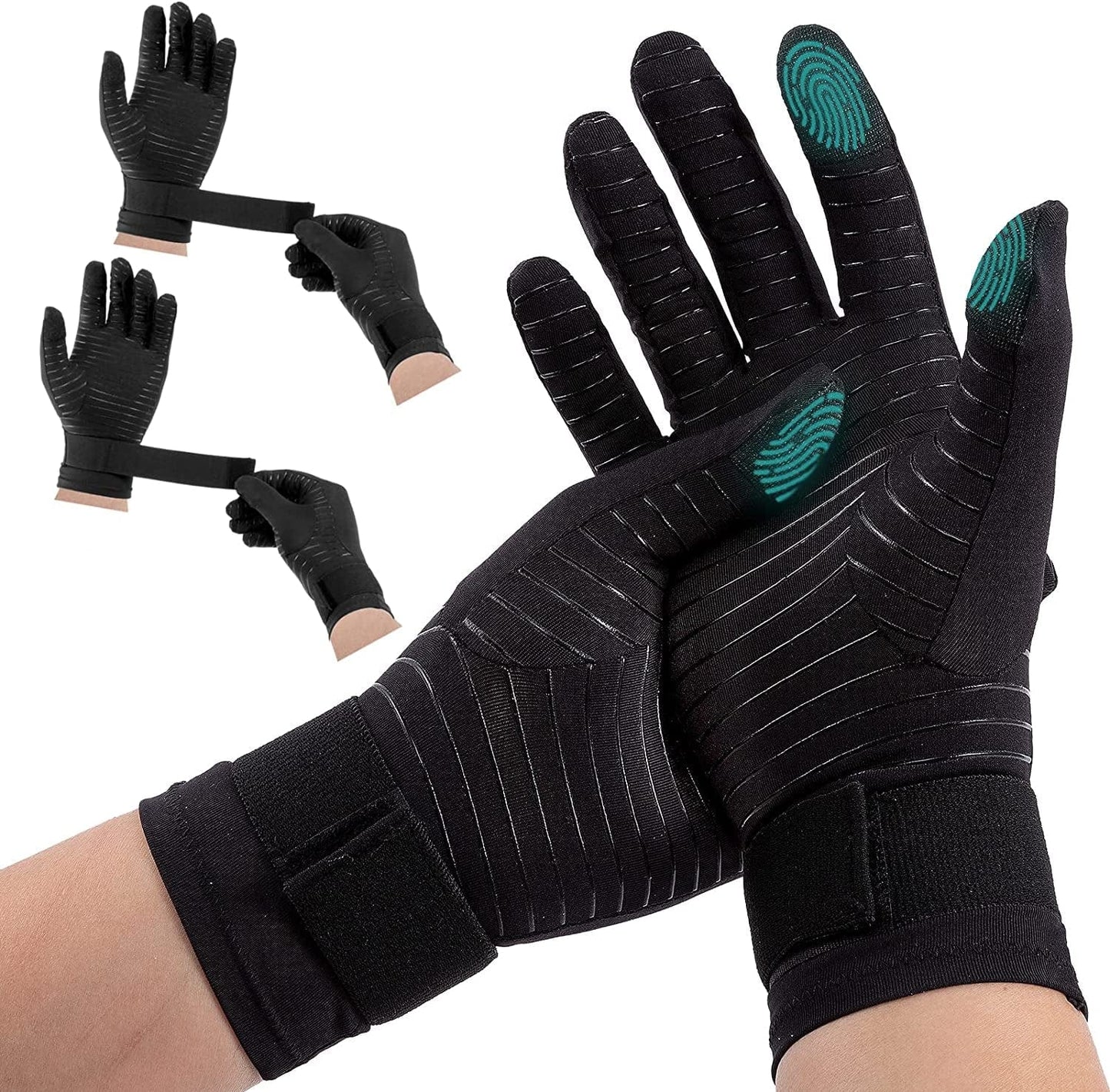 2 Pairs of Compression Arthritis Gloves - Full Finger Copper Infused Compression Gloves with Adjustable Strap