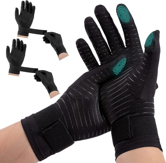 2 Pairs of Compression Arthritis Gloves - Full Finger Copper Infused Compression Gloves with Adjustable Strap