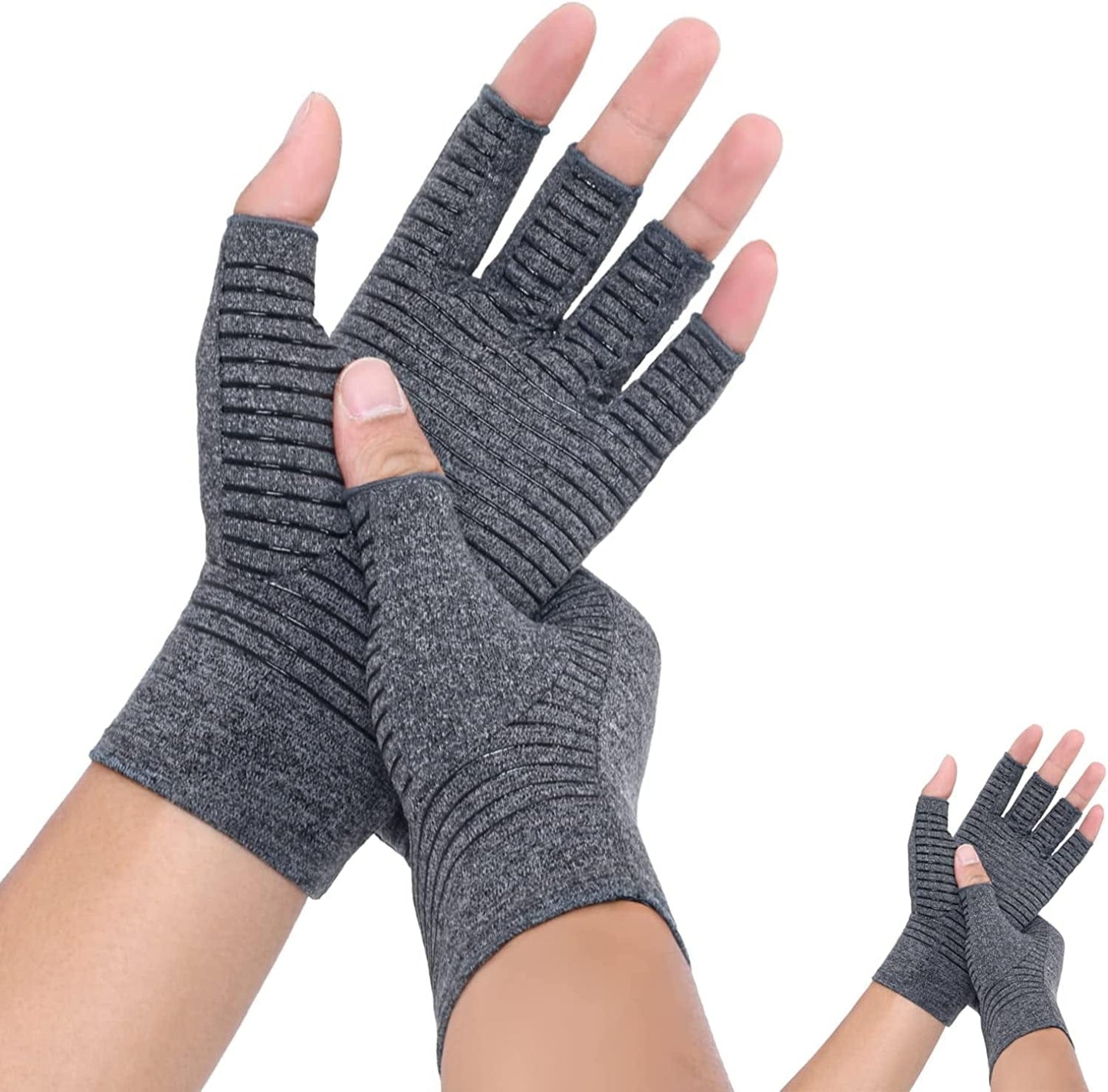 2Pairs Compression Gloves Copper Fingerless Arthritis Gloves for Carpal Tunnel Pain Rheumatoid Tendonitis Relief (Women Men)