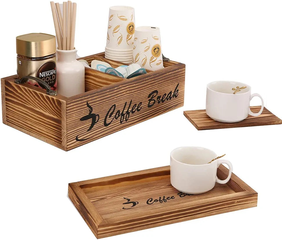 Wooden Coffee Station Organizer Set, Adjustable Coffee Accessories Caddy for Countertop, Kcup Coffee Pod Holder Storage Basket with Cup Serving Tray for Coffee Bar Decor (White)