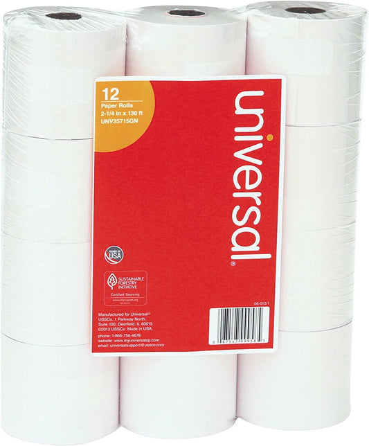 Universal 35715GN Adding Machine/Calculator Roll, 16 Lb, 2-1/4" X 130 Ft, White (Pack of 12)