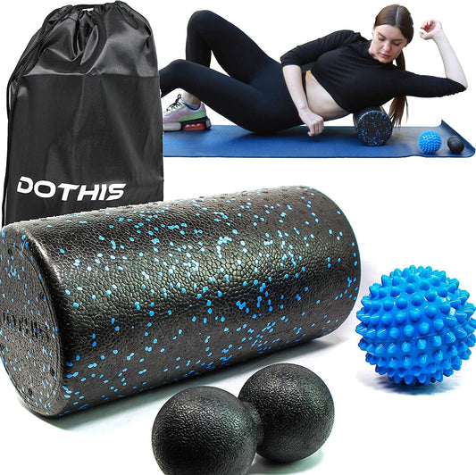 4 in 1 Foam Roller with Spiky and Peanut Massage Ball - Back-Roller with Massager Balls, Speckled Firm Muscle Rollers for Physical Therapy, Pilates, Yoga, Workout, Stretching, Balance & Core Exercises