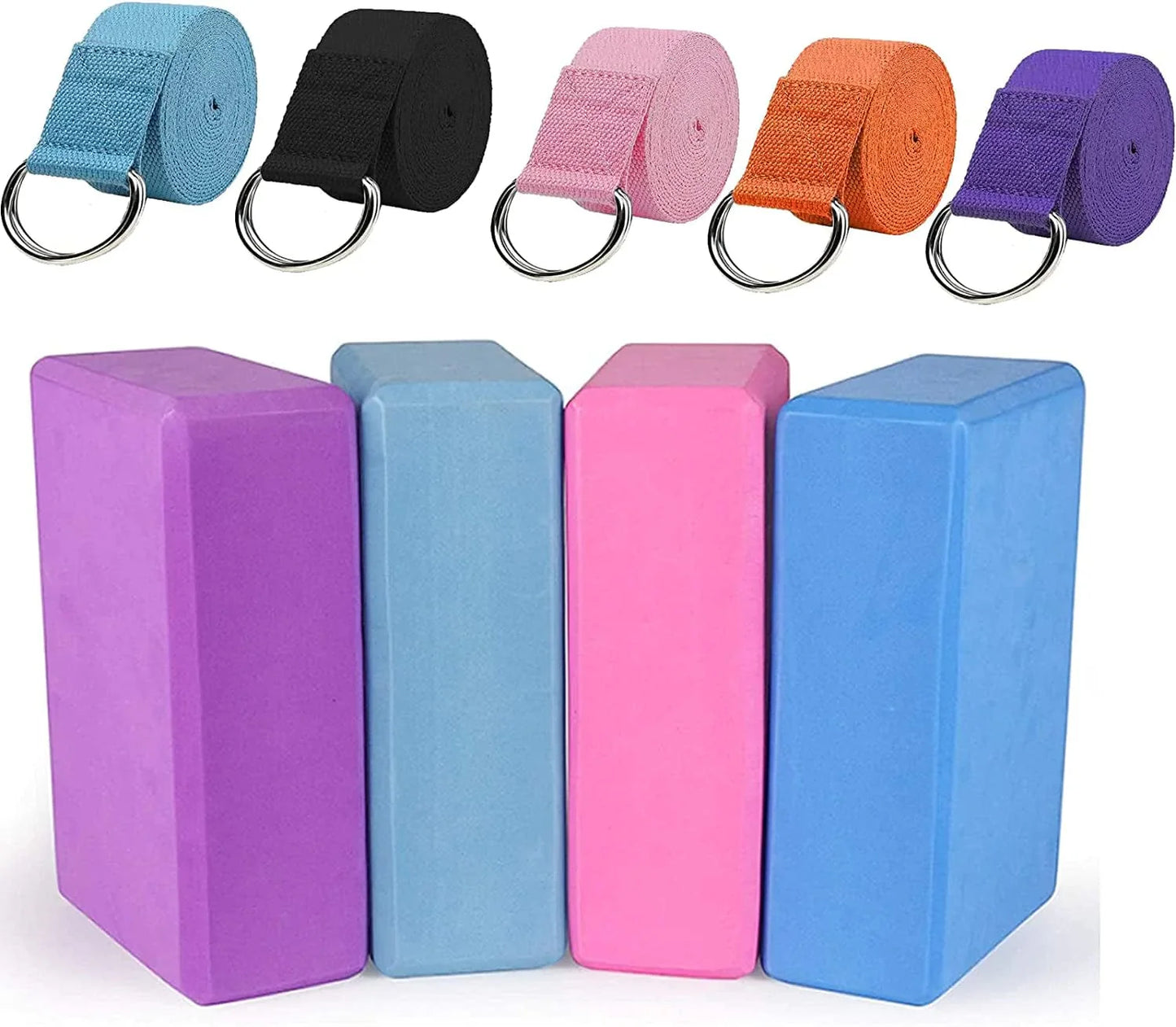 4 Pack Yoga Blocks 9''X6''X3'' High Density Yoga Brick Foam Blocks to Improve Strength+ 5 Pack Yoga Strap (6Ft) Stretch Band with Metal D Ring Buckle Loop