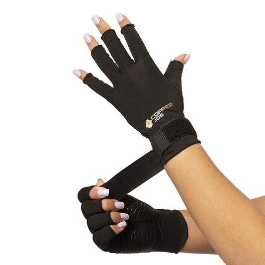 Copper Joe Fingerless Arthritis Gloves with Adjustable Strap - Ultimate Copper Infused Arthritis Hand Compression Gloves for Computer Typing, Carpal Tunnel, Rheumatoid and Tendonitis. for Men and Women (Large/X-Large)