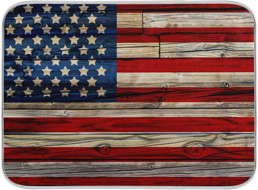 American Flag on Wooden Fence Dish Drying Mats for Kitchen 18X24 Inch USA Flag Patriotic Absorbent Machine Washable Fast Drying Pad Dish Drainer Mat for Kitchen Counter