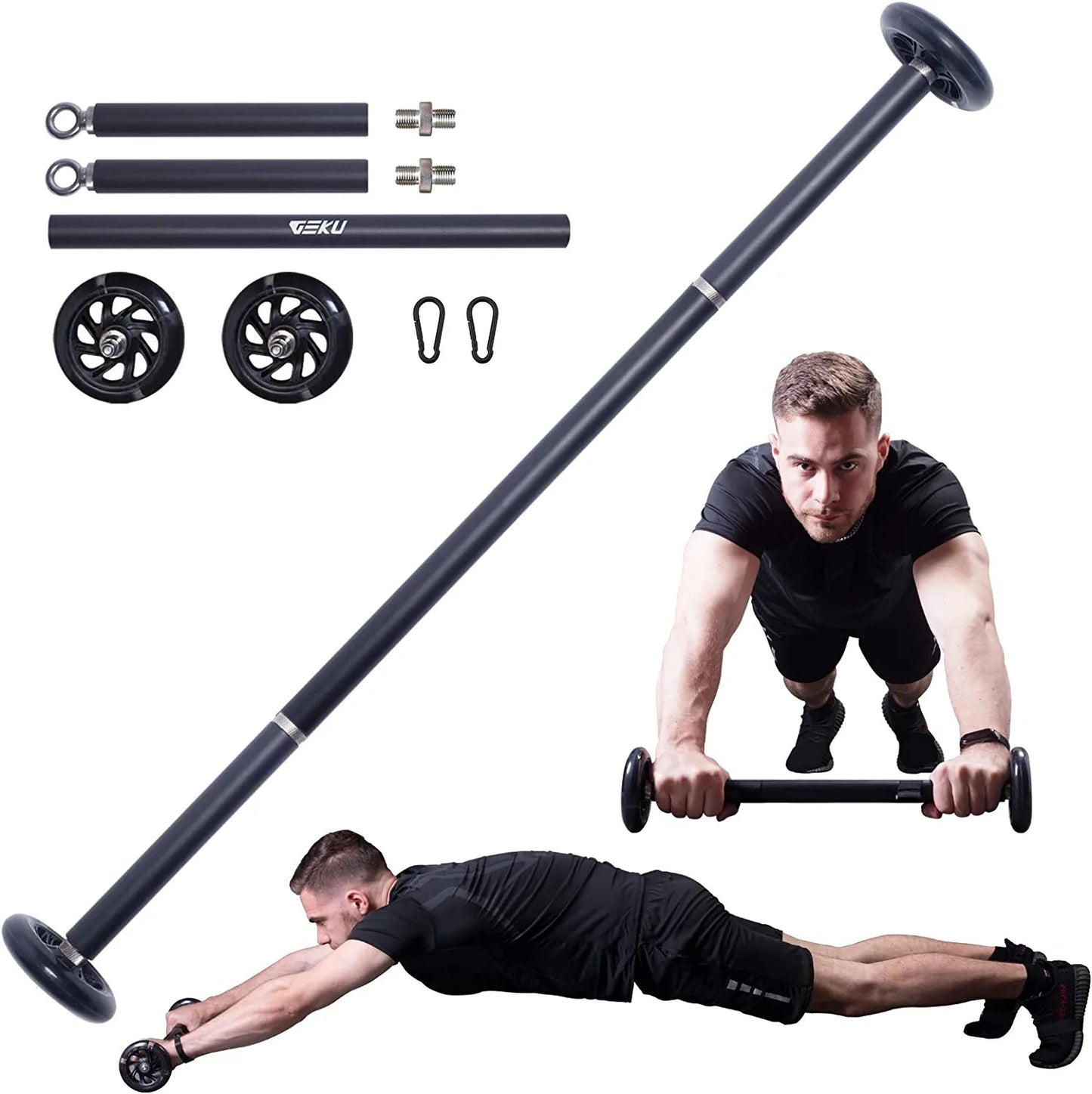 GEKU FIT Resistance Band Bar, 41.5" Heavy Duty Workout Bar with ABS Wheel Accessories for Core Muscle Training, Resistance Band Training, Home Workout, Max Load 800 Lbs