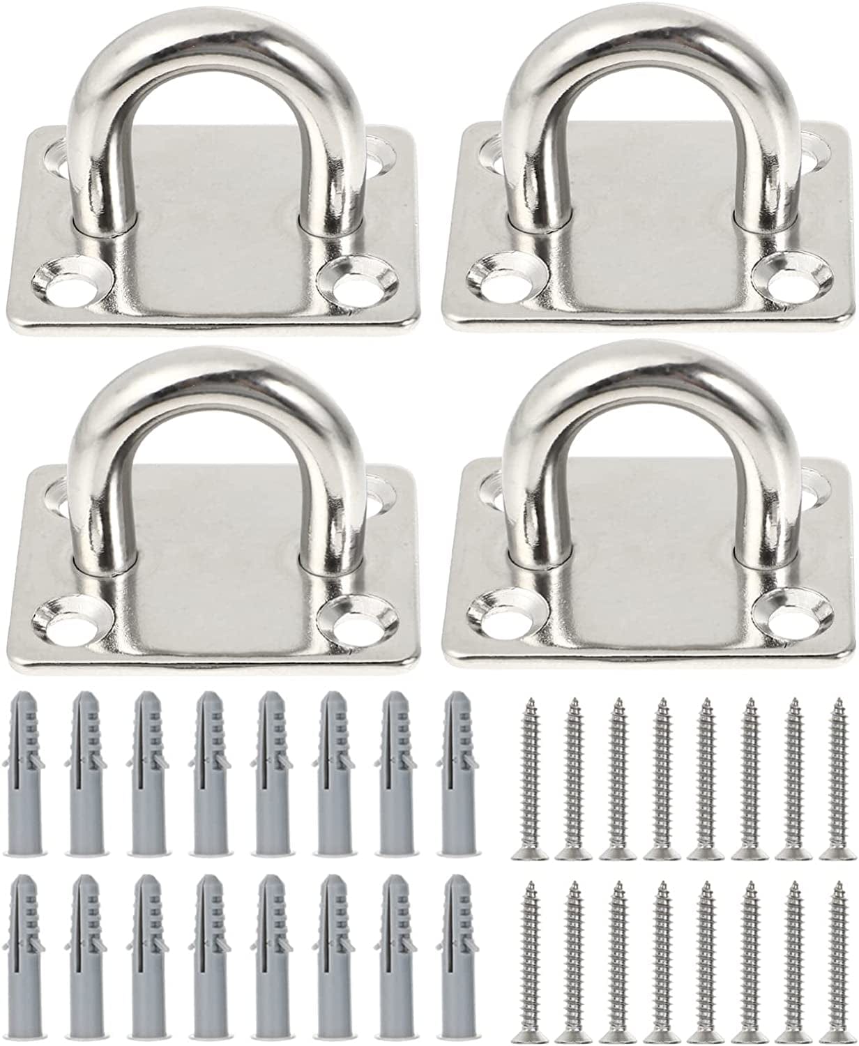 4Pcs Wall Ceiling Mount Bracket Suspension Strap Trainer Mount Anchor Hammock Hanger Stainless Steel Eye Plate Screws Marine Hardware for Yoga Swing Battle Ropes Silver M8