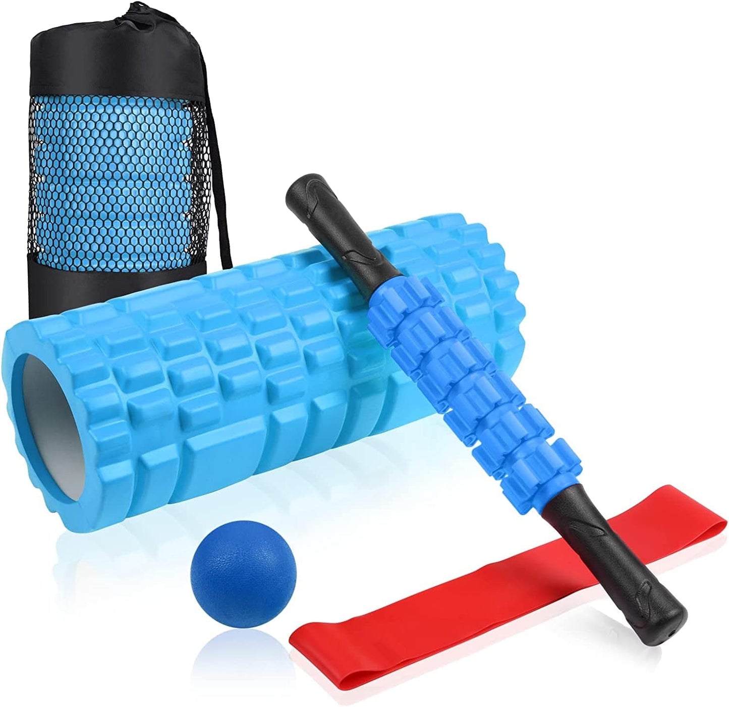 5 in 1 Foam Roller Set Includes Hollow Core Massage Roller, Yoga Stick, Massage Ball, Fitness Stretching Strap, Carrying Bag, Towel, Massage Roller (Blue)