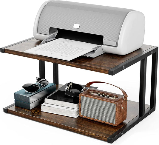 Xburmo Printer Stand with 2 Tier Wood Shelves Desktop Organizer for Small Space Fax Machine Shelf Stand Books Trays under Desk Shelf with Adjustable Anti-Skid Feet Vintage Brown