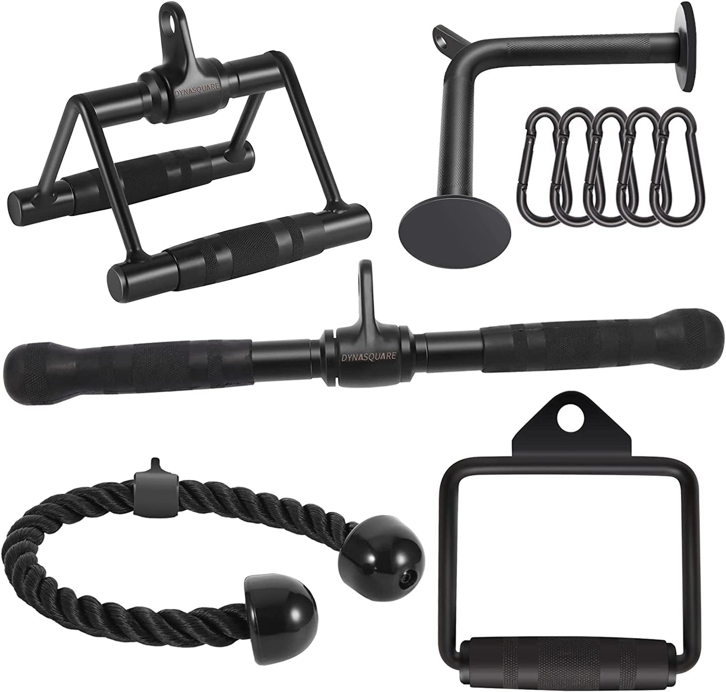DYNASQUARE Pro Cable Attachments for Home Gym, LAT Pulldown Equipment, Weight Machine Accessories, Straight Pull down Bar, V-Shaped Press down Bar, Tricep Rope, Exercise & Double D Handle