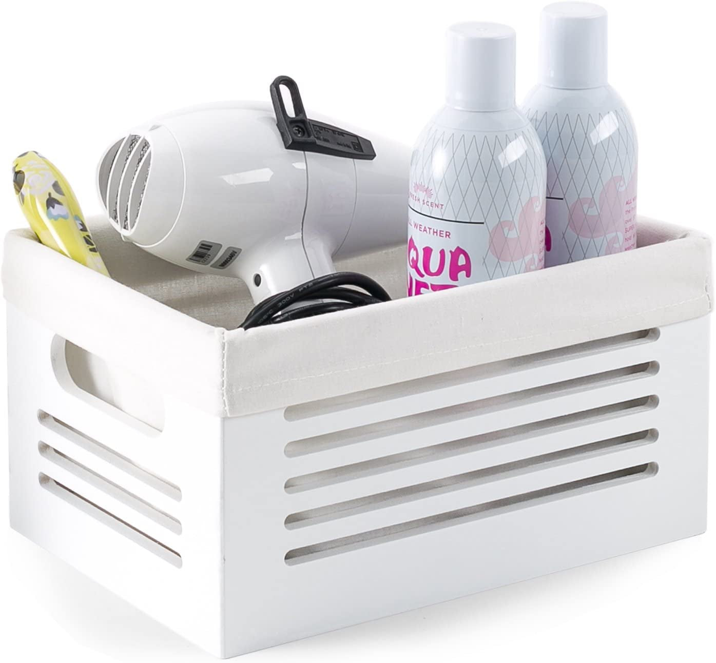 Wooden Storage Bin Container - Decorative Closet, Cabinet and Shelf Basket Organizer Lined with Machine Washable Soft Linen Fabric - White, Small