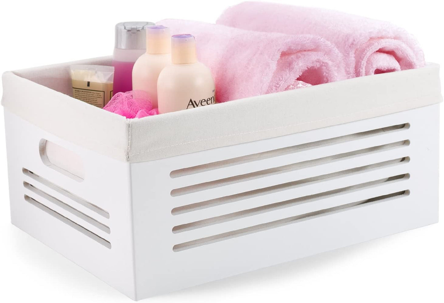 Wooden Storage Bin Container - Decorative Closet, Cabinet and Shelf Basket Organizer Lined with Machine Washable Soft Linen Fabric - White, Small