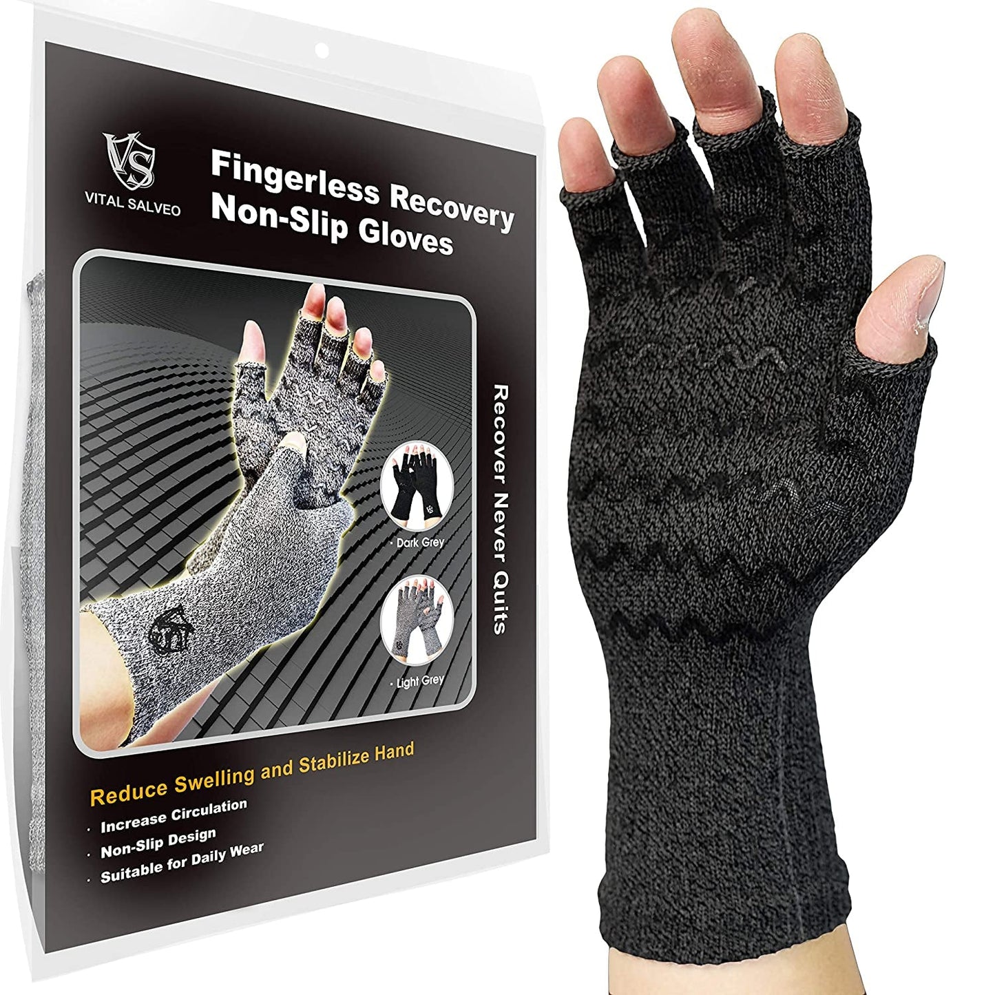 Vital Salveo-Fingerless Compression Arthritis Gloves-Relieve Pain Carpal Tunnel Computer Typing for Men and Women Daily Support (1 Pair)-Dark Grey-S/M