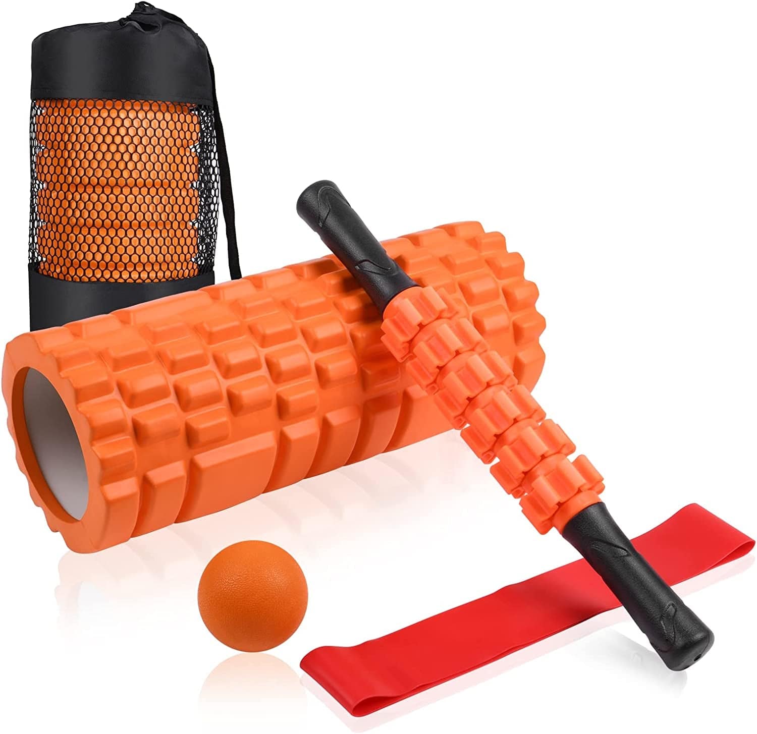 6 In1 Foam Roller Set, Trigger Point Foam Roller, Yoga Stick, Massage Ball, Fixation Ball, Fitness Stretching Strap, Carrying Bag, Towel, Massage Roller for Deep Muscle Massage Pilates Yoga