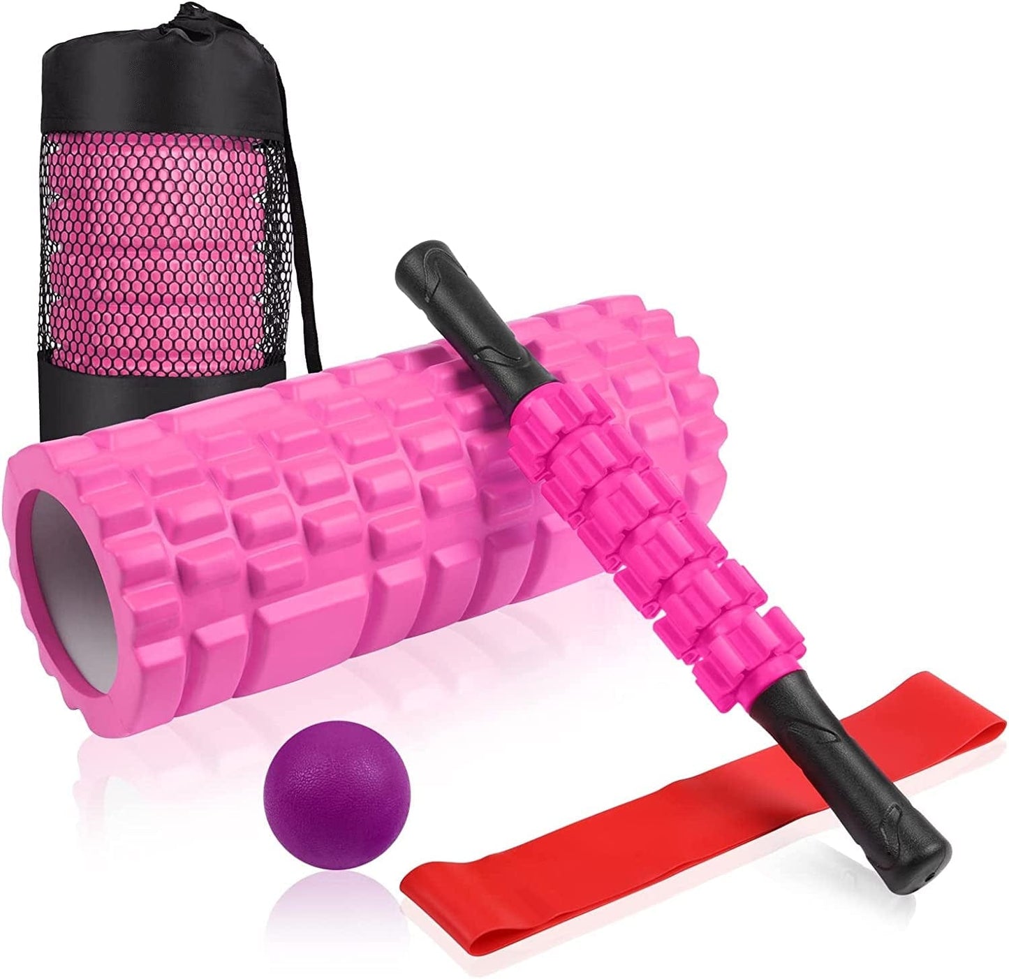 6 In1 Foam Roller Set, Trigger Point Foam Roller, Yoga Stick, Massage Ball, Fixation Ball, Fitness Stretching Strap, Carrying Bag, Towel, Massage Roller for Deep Muscle Massage Pilates Yoga