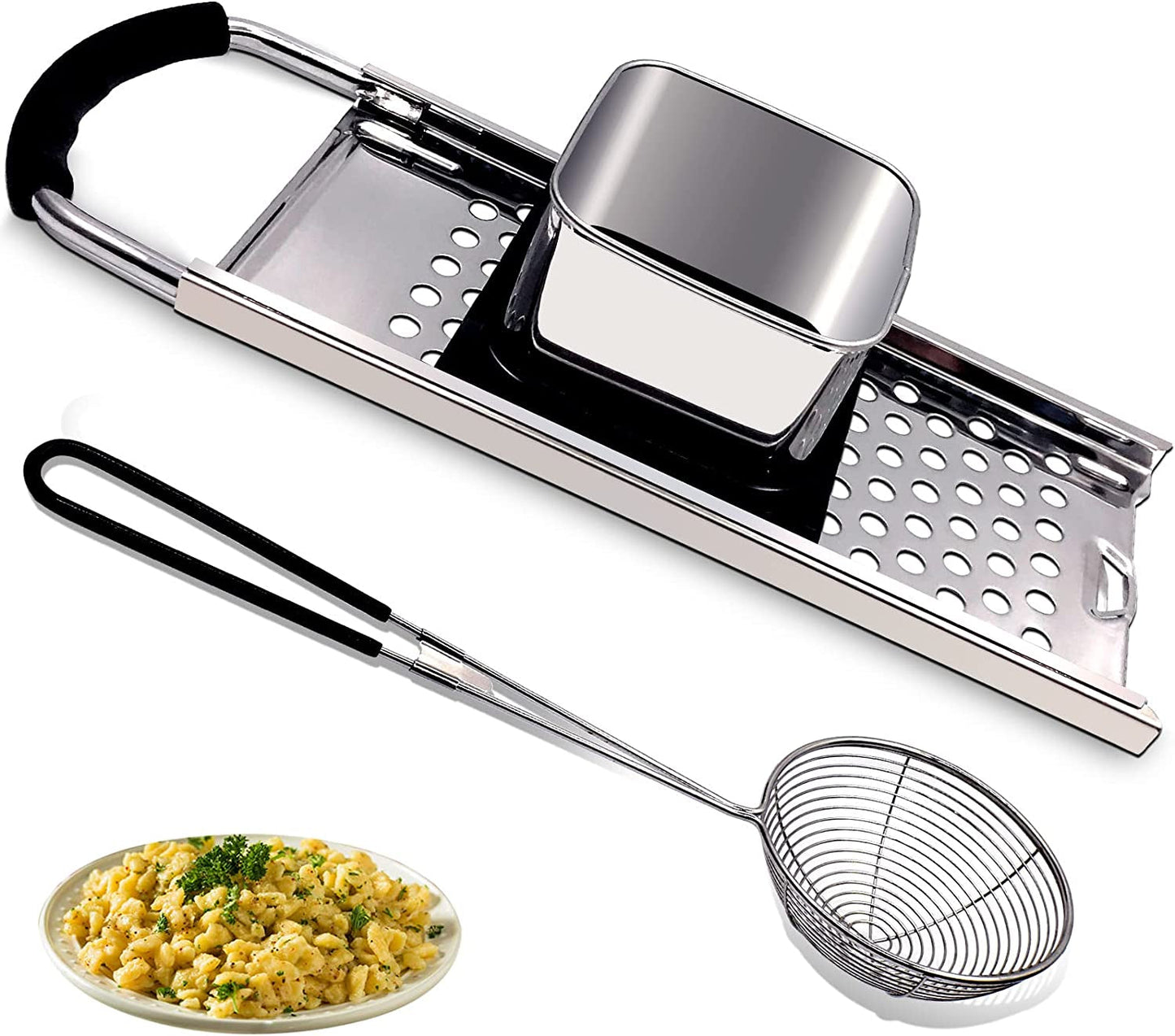 CHIVIOR Stainless Steel Spaetzle Maker German Egg Noodle Dumpling Tool with Comfort Rubber Grip Handle & Safety Pusher