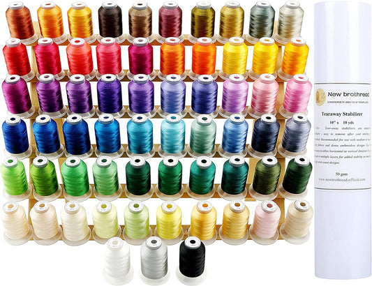 New Brothread 63 Brother Colors Polyester Embroidery Machine Thread with Bonus of 10"X10Yd Medium Weight Tearaway Embroidery Stabilizer