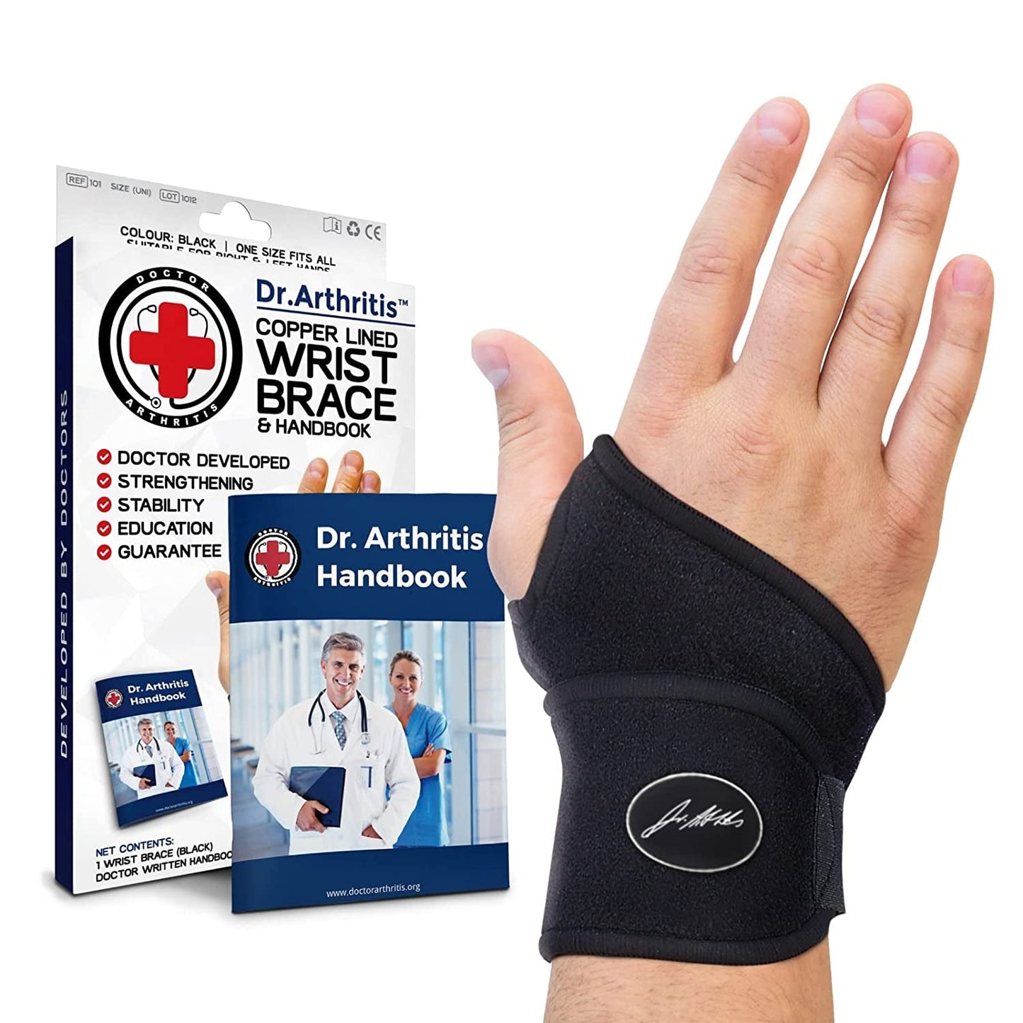 Doctor Developed Copper Wrist Brace/Carpal Tunnel/Wrist Support/Wrist Splint/Hand Brace -F.D.A. Medical Device & Doctor Handbook-Night Support for Women Men-Right & Left Hands (Single)