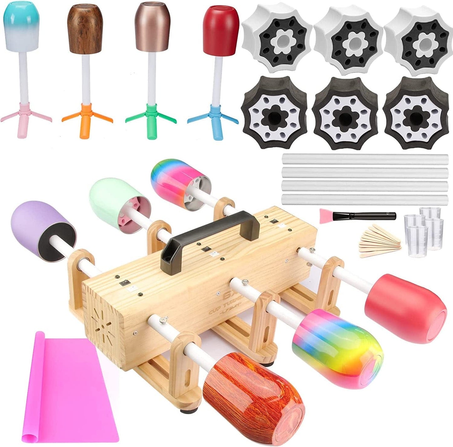 6X Multi Cup Turners for Crafts Tumbler Cup Spinner Machine Kit, Wood Cuptisserie Turner DIY Glitter Epoxy Tumblers