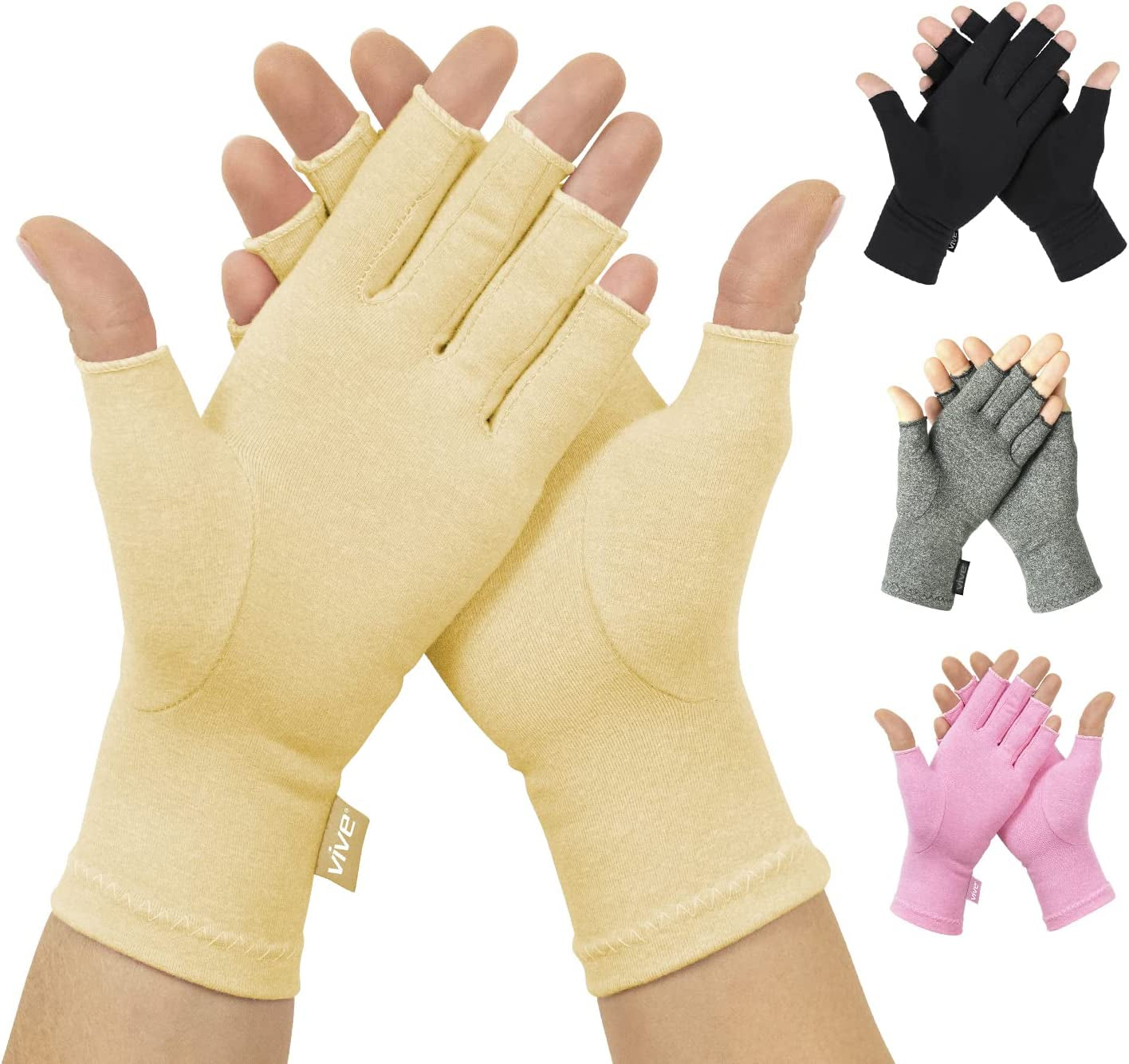 Vive Arthritis Gloves - Men, Women Rheumatoid Compression Hand Glove for Osteoarthritis- Arthritic Joint Pain Relief - Carpal Tunnel Wrist Support - Open Finger, Fingerless Thumb for Computer Typing
