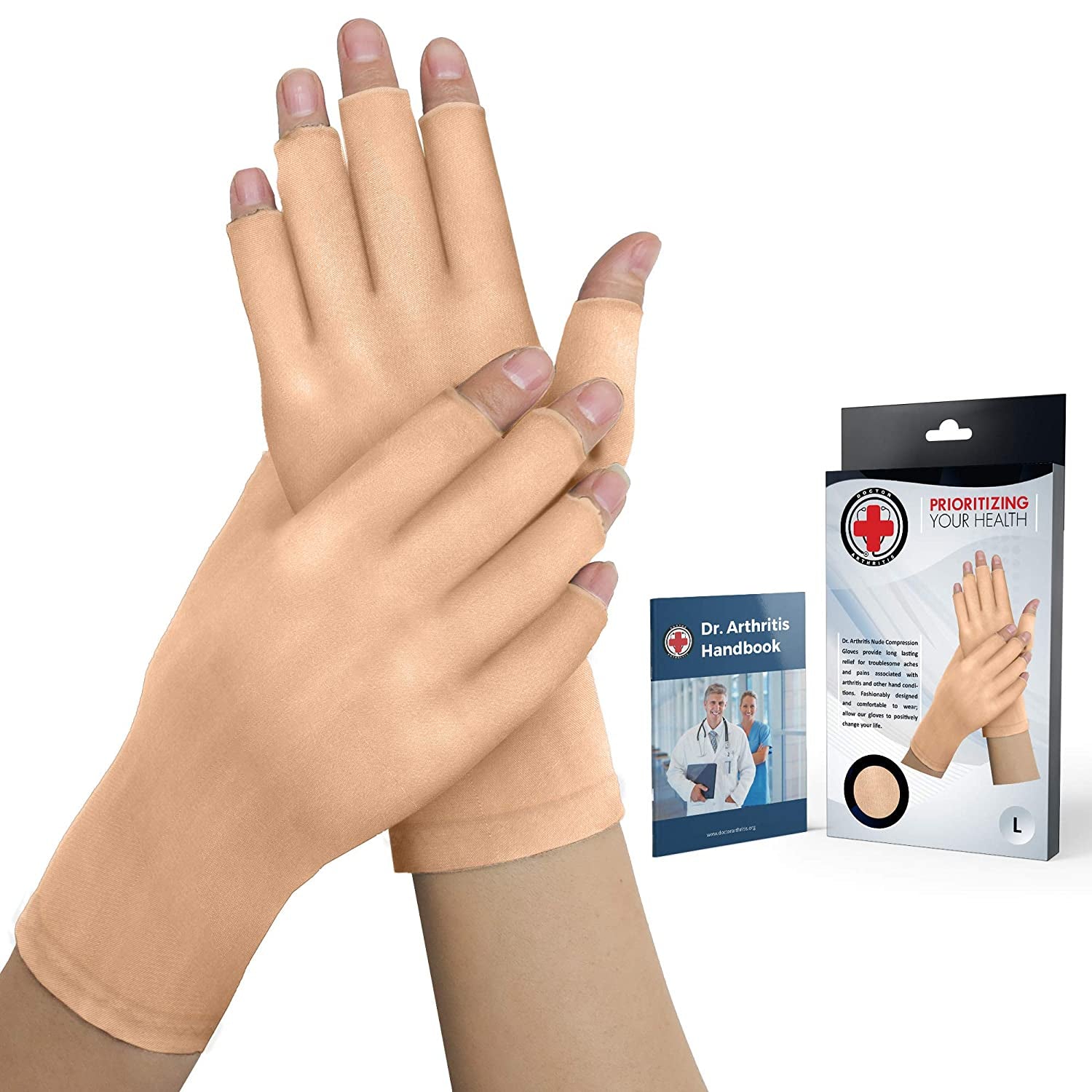 Nude 3/4 Doctor Developed Nude Arthritis Gloves / Compression Gloves for Women & Men and Doctor Written Handbook - Useful for Arthritis, Raynauds, RSI, Carpal Tunnel (M)